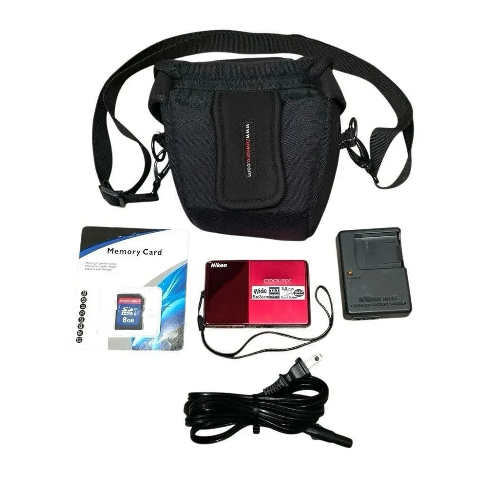 Nikon Coolpix S70 12.1 MP Red Digital Camera Bundle Case 8gb SD & Charger‎ Works